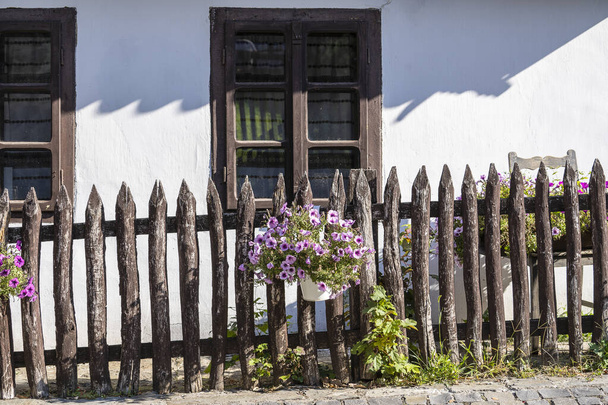 Old rural house and yard with flowers in ethnographic village Holloko in Hungary and a UNESCO World Heritage Site - Foto, imagen