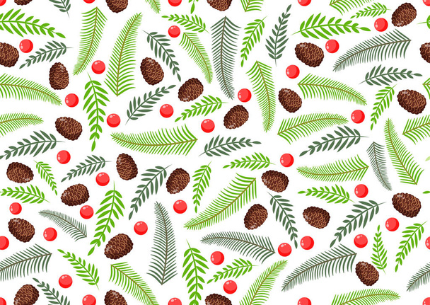 Christmas texture with natural pine, twigs, cones and berries. Vector illustration of Merry Christmas and Happy New Year. Seamless pattern. Design elements. - Vector, Image