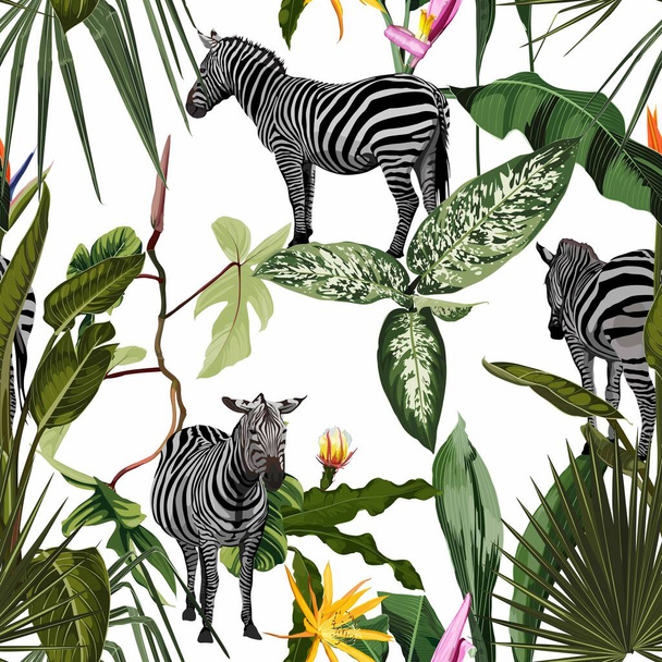 Tropische bloemblaadjes en planten, zebra wilde dieren bloemen naadloos patroon op witte achtergrond. Exotische safari behang. - Vector, afbeelding