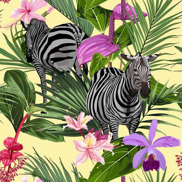 Trópusi viráglevelek, egzotikus virágok, zebra vadon élő állatok virág zökkenőmentes minta sárga alapon. Egzotikus szafari tapéta. - Vektor, kép