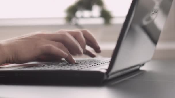 Mains d'un homme en T-shirt rose, travaillant sur un ordinateur portable, suivi de la caméra - Séquence, vidéo