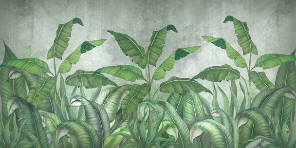 Τροπική ζούγκλα με ιπτάμενους παπαγάλους. Στο φόντο του υφασμένου σοβά. ; Shutterstock ID 1808348881; Εντολή αγοράς: - - Φωτογραφία, εικόνα
