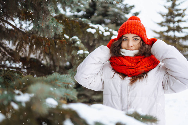 Winter smiling woman in red hat posing in a snowy park. Cold weather. Winter fashion, holidays, rest, travel concept. - Foto, Imagen