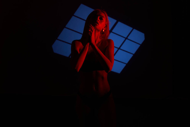 Beautiful girl posing in red light. Unusual photo session with a model. - Foto, Imagem