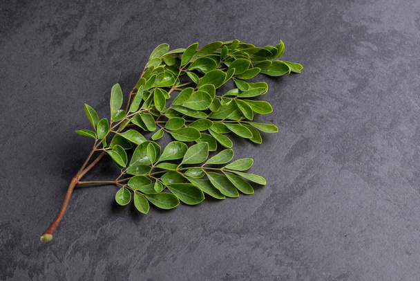 Moringa Oleifera - Frische Bio-Moringa-Blätter; auf grauem Hintergrund - Foto, Bild