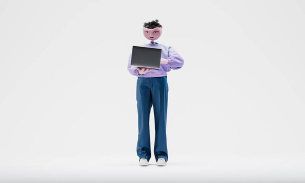 Awesome Travor standing with an open laptop. Concept of online work on the go. Highly detailed fashionable stylish abstract character. 3d rendering - Fotografie, Obrázek