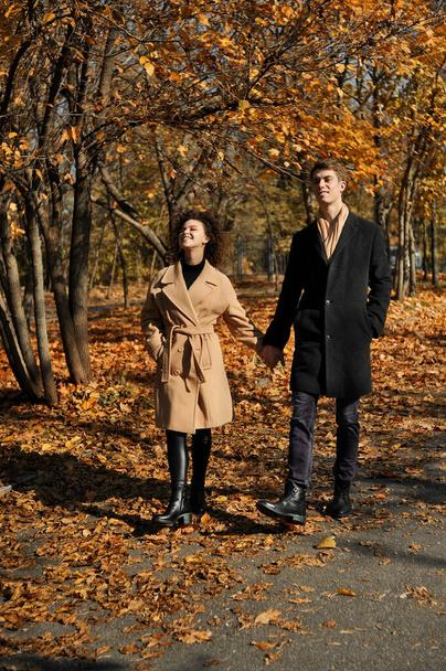 Šťastný mladý pár se baví v podzimním parku. Mladá žena a muž kráčí venku. - Fotografie, Obrázek