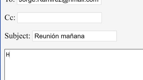 スペイン語。はじめにメールの挨拶を入力するオンラインボックスにこんにちはホルヘ.Webサイトの別の受信者にEメールを入力します。タイプ紹介状。モニター画面の視点. - 映像、動画