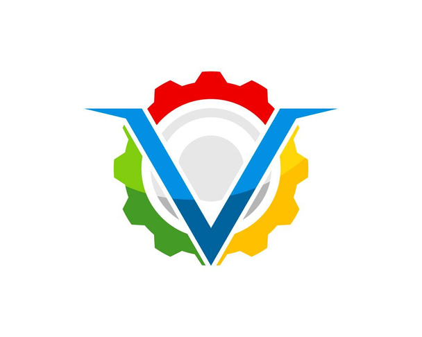 Equipo mecánico con colores de arco iris y letra V inicial - Vector, imagen