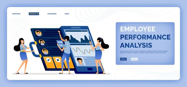 vector illustration of analyze employee performance with apps and artificial intelligence. Design can be used for landing page, web, website, mobile apps, poster, flyer, ui ux - Vector, Image