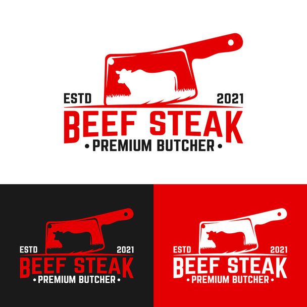 Fleischmesser mit einem Symbol der Kuh. Geeignet für Metzger Metzgerei Deli Beef Meat Shop Market Vintage Hipster Retro Logo Design Template. - Vektor, Bild