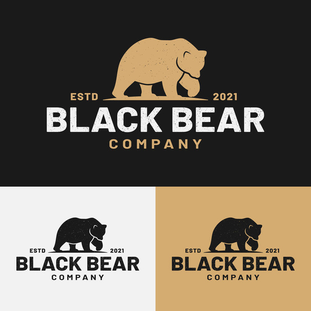 Чорний ведмідь силует для полювання на відкритому повітрі кемпінг пригоди спортивний зоопарк корпоративна спільнота бізнес бренд у вінтажному ретро хіпстерському гранжевому старому стилі логотип дизайн шаблон
. - Вектор, зображення