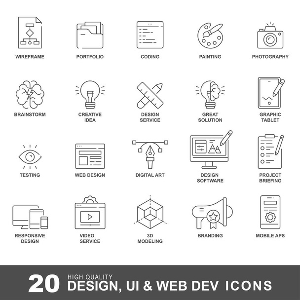 Web és grafikai tervezés ikonok. Vektor kreatív és fejlesztési ikonkészlet - Vektor, kép