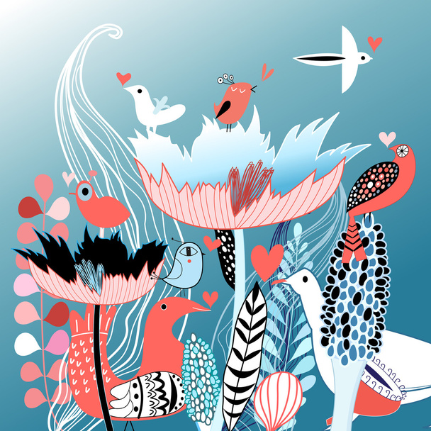 Птахи закохані в квіти
  - Вектор, зображення