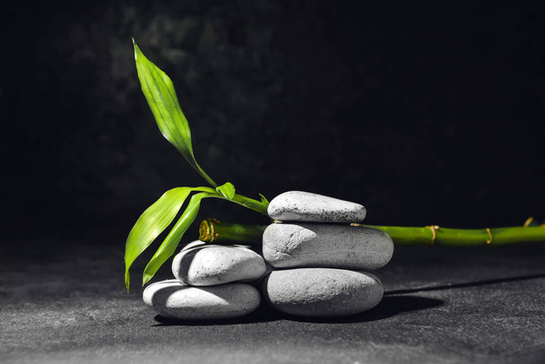 Stack of zen stones and bamboo branch on dark background - Photo, Image