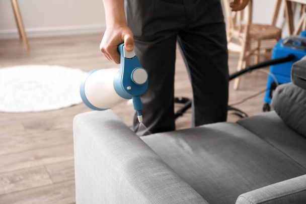 Male worker spraying detergent onto sofa in room - Foto, immagini