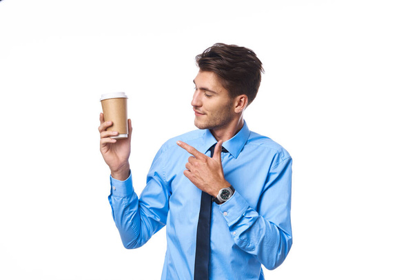 businessmen coffee cup posing office light background - Fotó, kép