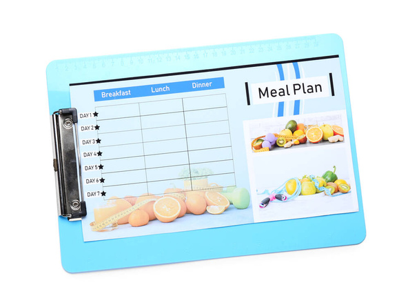 Clipboard with meal plan on white background - Photo, Image