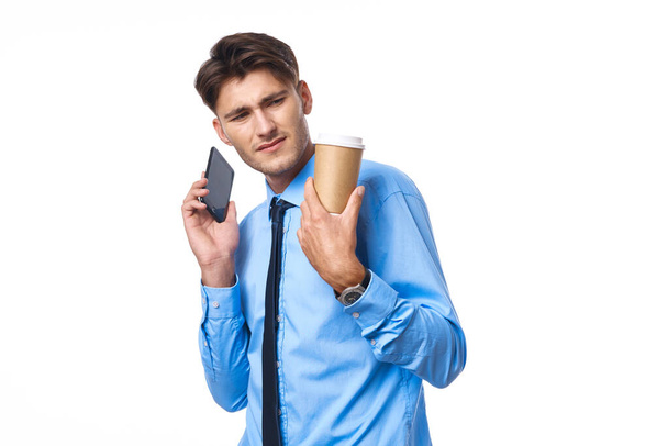 man in shirt with tie coffee cup posing office studio lifestyle - Foto, Imagem