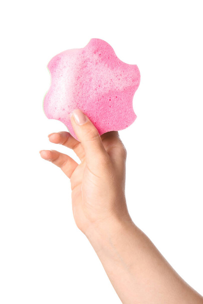 Woman holding pink bath sponge with foam on white background, closeup - Foto, Bild