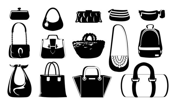 Black women purse. Silhouettes of trendy fashion clutch. Hobo and everyday bags. Casual backpack and shopper. Female pouch. Graphic outfit elements. Vector clothing accessories set - Vector, Image