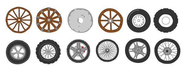 Τροχοί μεταφοράς. Ελαστικά μοτοσυκλέτας και ποδηλάτου. Διαφορετικές αυτόματες ζάντες και τύποι ελαστικών. Αρχαίες ρόδες. Ξύλινο μέταλλο και πέτρινους κύκλους εφεύρεση. Σετ μερών διανυσματικών οχημάτων - Διάνυσμα, εικόνα