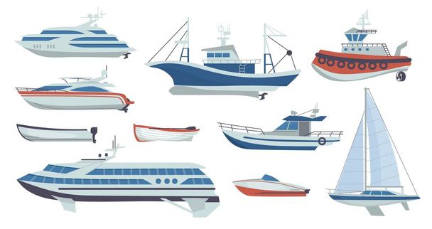 Laivat ja veneet. Sarjakuvien matkustajaliikenne. Purje- tai kalastusaluksen sivunäkymä. Meriliikenteen ajoneuvotyypit asetettu. Jahti ja valtameri matkustaa risteilijä malli. Vektoriveneiden kokoelma - Vektori, kuva
