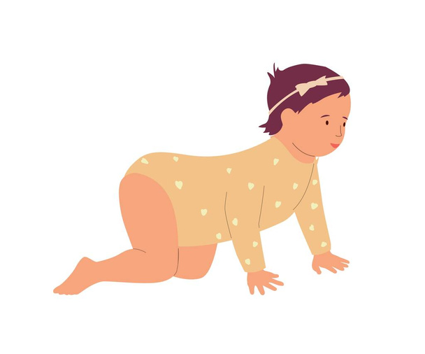 Cute baby girl crawling on floor. Cartoon toddler learning to walk. Isolated creeping adorable child in romper. Infant actions. Human development. Vector parenting and infancy concept - Vector, Image