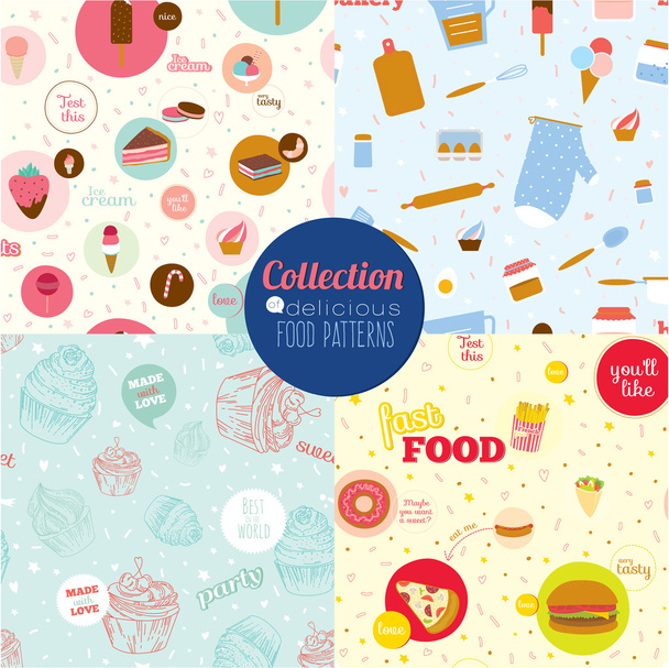 Cute food icons with cartoon seamless pattern - Vetor, Imagem