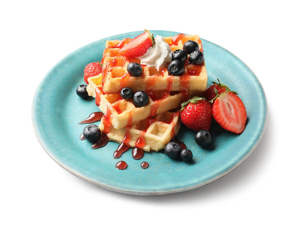 Plate of tasty Belgian Waffles with berries on white background - Photo, Image