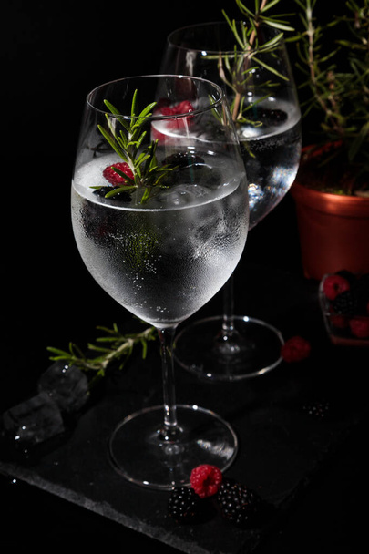 tonic gin with fresh raspberry and rosemarie plant - Fotoğraf, Görsel