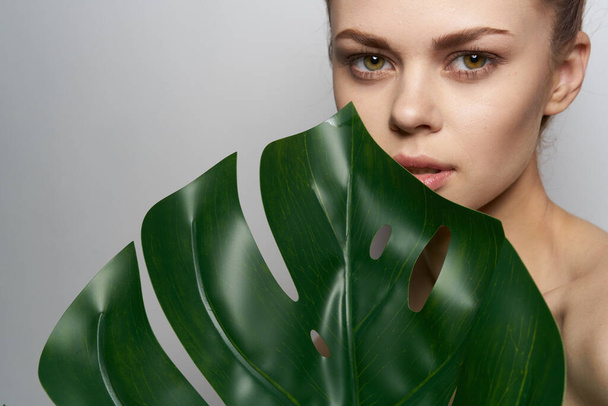 pretty woman clean skin palm leaf cosmetics isolated background - Zdjęcie, obraz