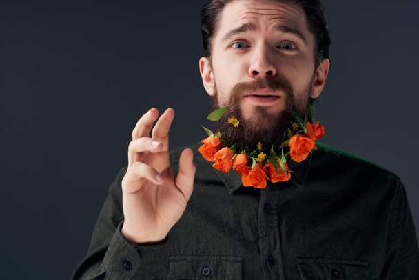 portrait of a man hairstyle fashion flowers emotions Studio Lifestyle - Photo, Image