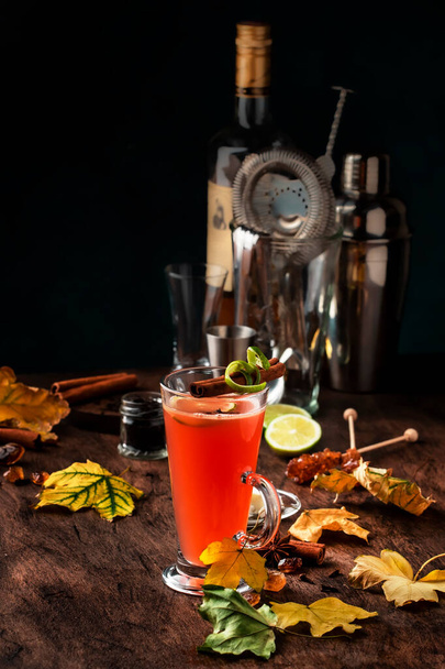 Hot buttered rum, winter warming cocktail with apple juice, dark rum, honey, cinnamon in glass on wooden background - Foto, Imagen