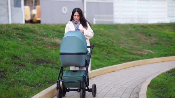 Madre con cochecito de bebé en el paseo por el parque junto al estanque - Imágenes, Vídeo