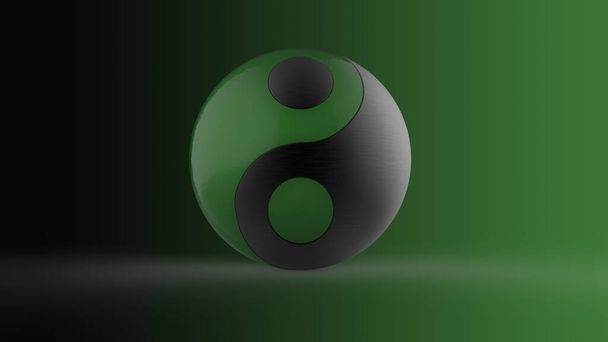 3d kuva vihreä musta Ying Yang symboli pallo. Kantakuva. - Valokuva, kuva