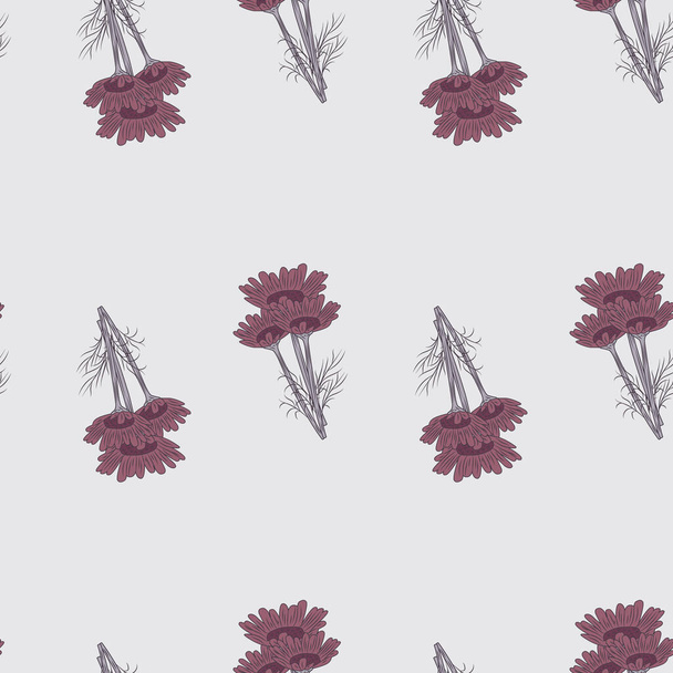 Nahtloses Muster Kamille auf hellem Hintergrund. Schöne Zierde Sommer violette Blumen. Geometrische Texturvorlage für Gewebe. Designvektorillustration. - Vektor, Bild