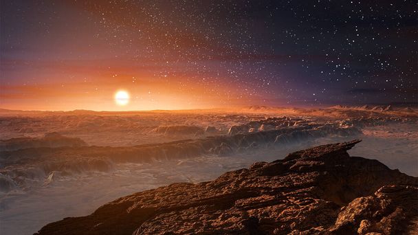 Krajina na planetě Mars, malebná poušť a skála na červené planetě.Slunce vychází nad horizontem.Východ slunce.Cizí krajina. - Fotografie, Obrázek