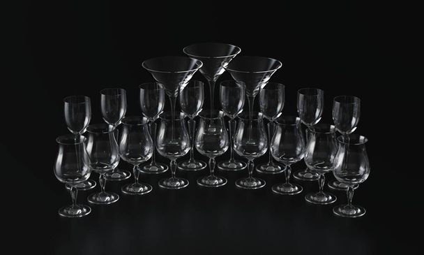 さまざまな形のワイングラスがたくさんあります。暗い背景。3Dレンダリング - 写真・画像