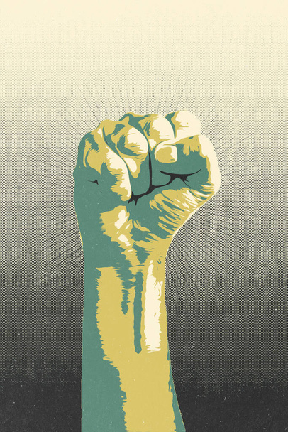 Raised fist concept. Digital draw of a man closed fist finished with stencil or silkscreen printing technique  - Photo, Image