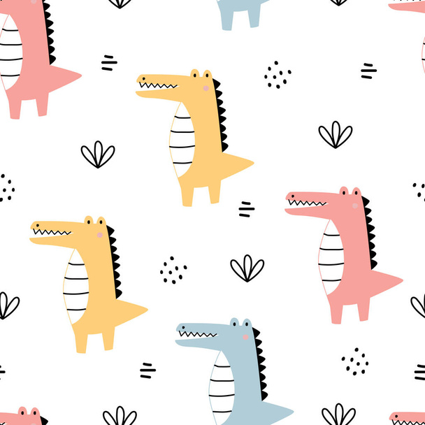 Krokodyl bezszwowy wzór ręcznie rysowane tło zwierzęce kreskówki w stylu dla dzieci Używane do drukowania, tapety, dekoracja, wektor tekstylny ilustracja. - Wektor, obraz