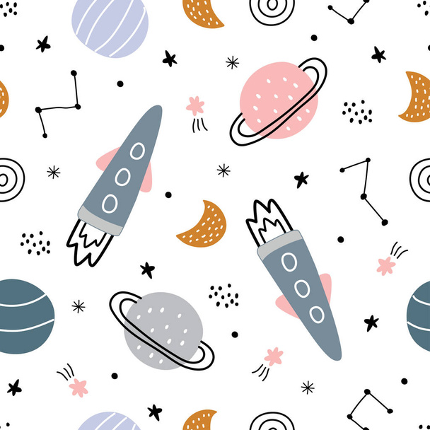 Космический фон нарисованные звезды и ракеты бесшовный векторный узор в стиле мультфильма для детей, используемых для печати обои, украшения, ткани, текстильной векторной иллюстрации - Вектор,изображение