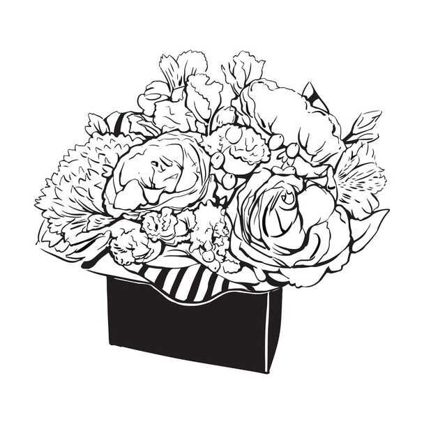   Bouquet di fiori schizzo illustrazione. Fiori in una confezione regalo. Matrimonio Fiore Mazzo - Vettoriali, immagini