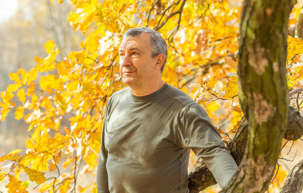 Homme mûr européen plus âgé à la nature, portrait philosophique, au parc d'automne - Photo, image