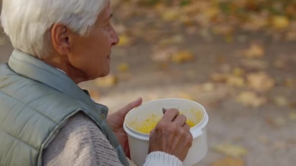 Triste mujer solitaria con canas comiendo comida en el parque desde el contenedor de plástico en otoño - Imágenes, Vídeo