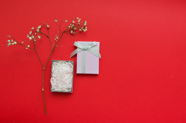 Composizione romantica con scatola rosa regalo aperto con un nastro grigio legato e un ramo di un fiore di gypsophila su uno sfondo rosso. Concetto per San Valentino, Festa della mamma, Natale e Capodanno - Foto, immagini
