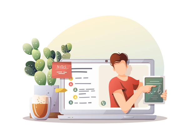 Laptop with teacher on the screen, houseplant, coffee cup. Studying, Online training, distance education, e-learning, tutorials and courses. Isolated vector illustration for poster, banner, cover. - Vector, Image