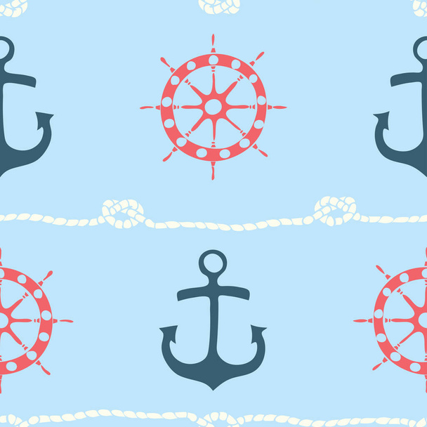 Patrón de vector sin costuras con ancla y rueda de la nave sobre fondo azul. Diseño simple fondo de pantalla marina. Textil de moda náutica decorativa. - Vector, imagen