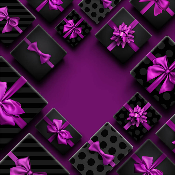 Gift boxes with purple bow frame on purple background. Space for text. Vector holiday illustration - Διάνυσμα, εικόνα