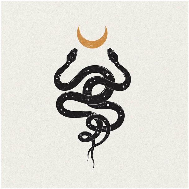 Serpiente y luna vintage papel dibujado a mano ilustración espiritual mística clipart diseño - Foto, Imagen